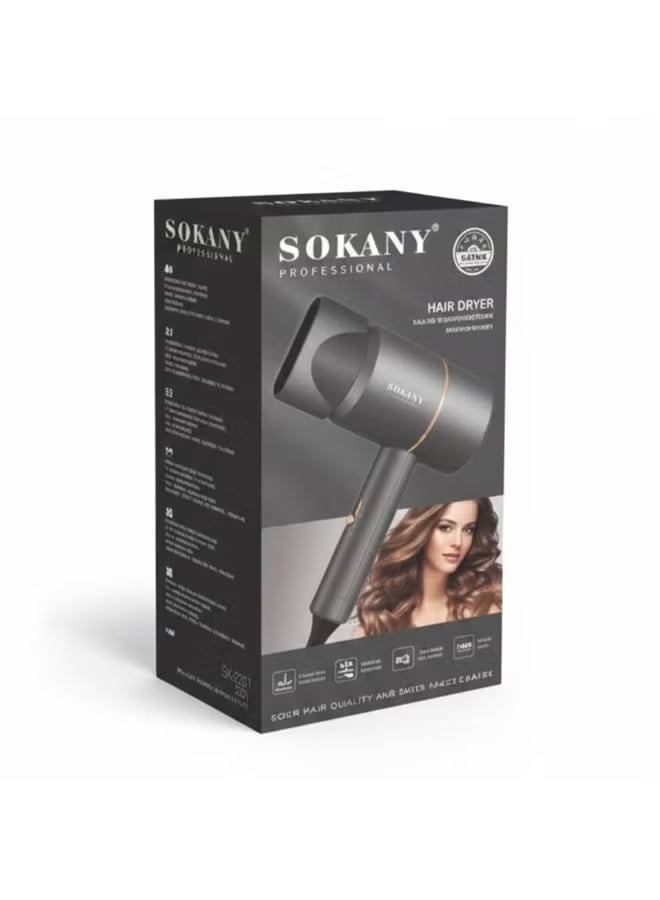 sokany SK-2202 Mini Hair Dryer 1200W with Fast Drying, Lightweight & Compact Design, Portable for Home, Salon & Travel Use, General Grey Color, Ergonomic & Easy to Use - Image 1